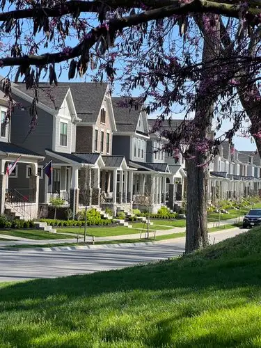 Suburban charm framed by beautiful spring blossoms.